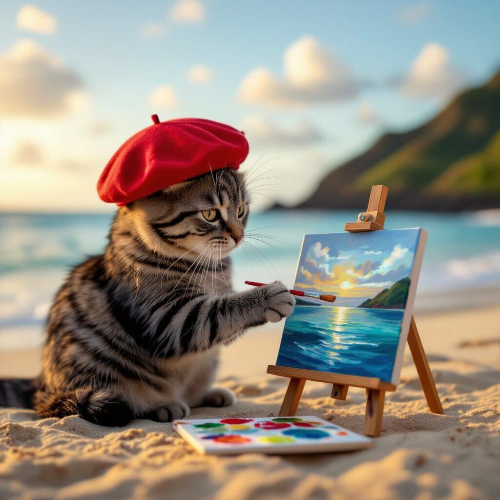 Cat Artist Painting Seascape on Hawaiian Island