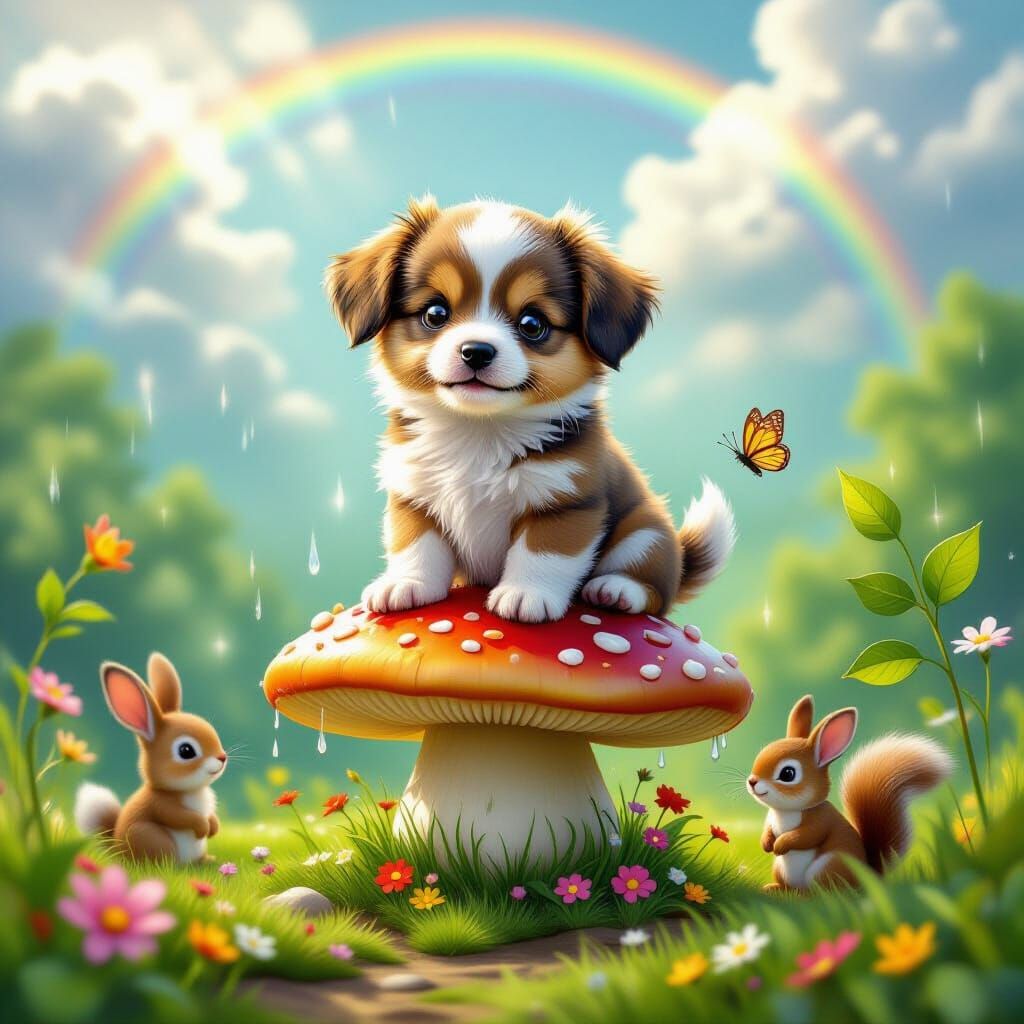 Adorable Puppy on Whimsical Mushroom in Magical Mini-World
