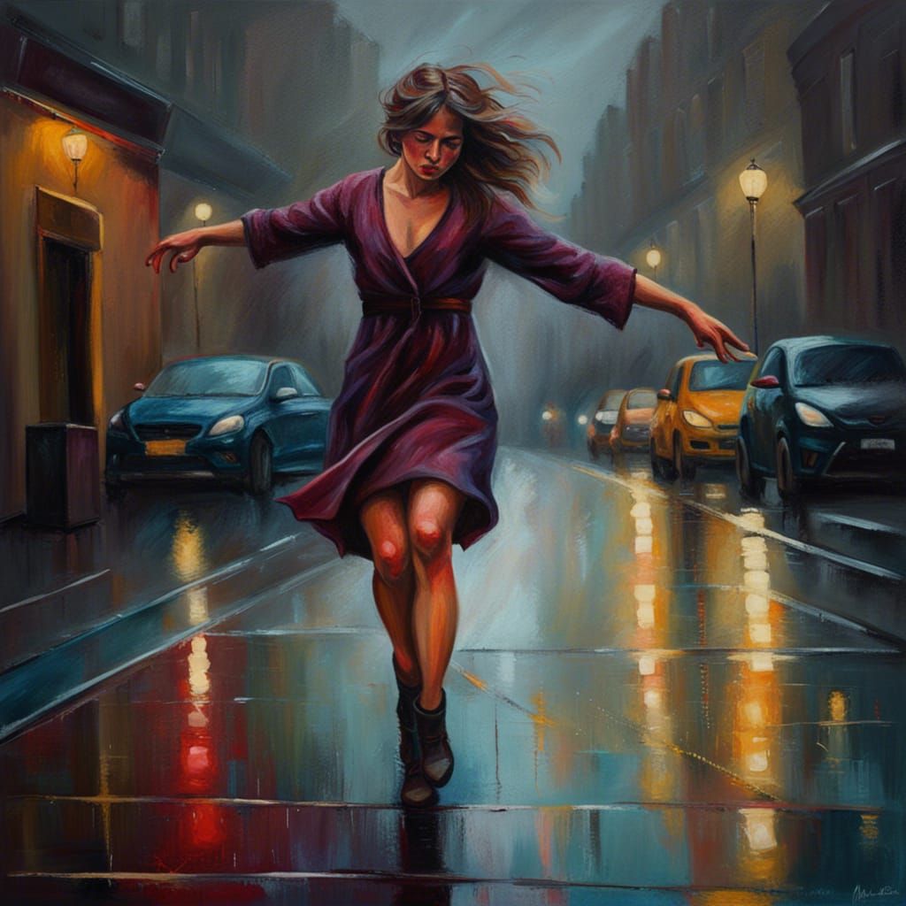 Girl Dancing in Rainy Street: Moody Tonalist Painting