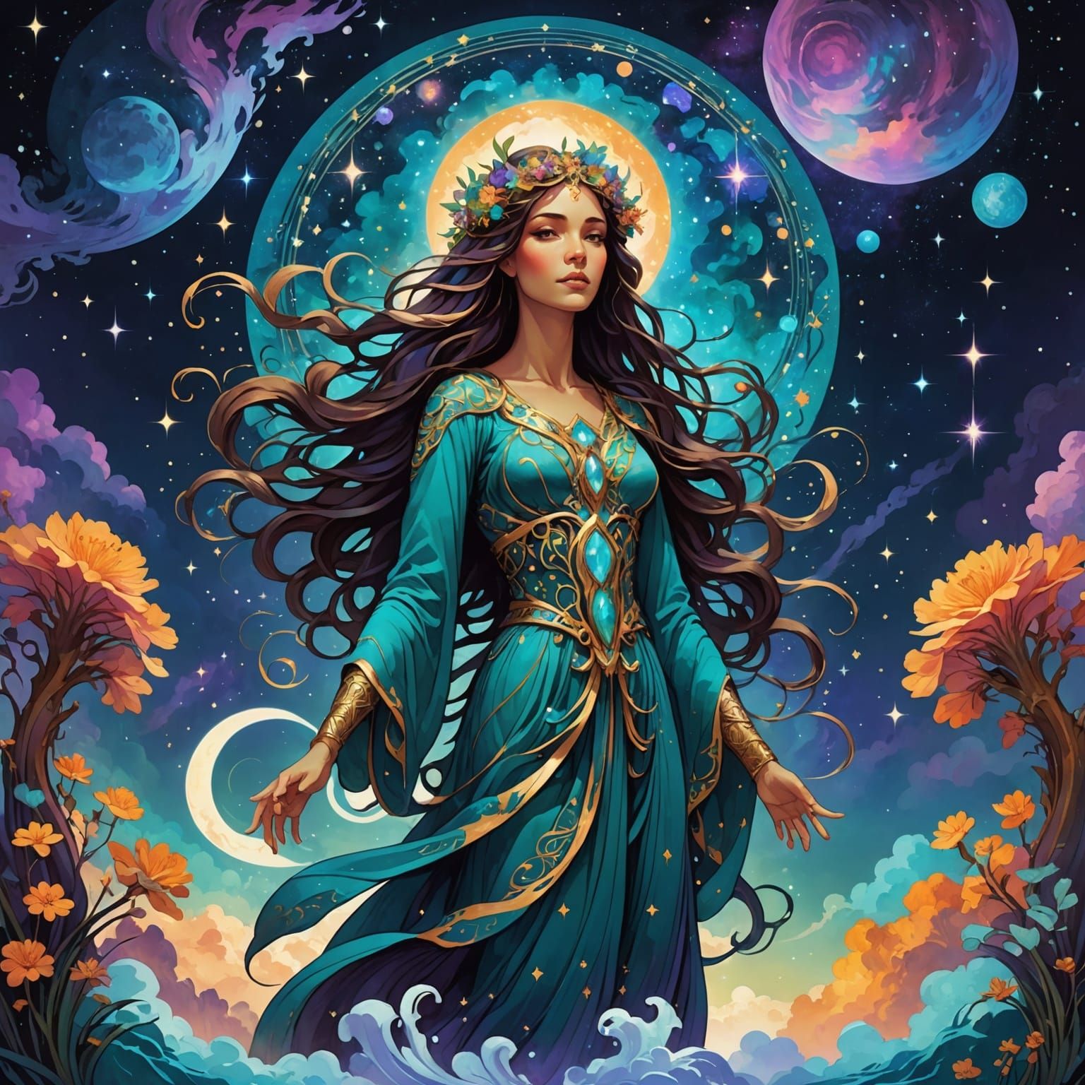 Goddess Amidst Nebula in Art Nouveau Style