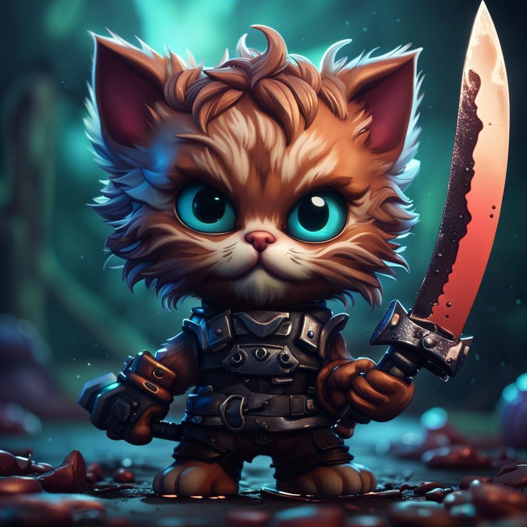 Kitten with Knife Chibi in Detailed Matte Painting