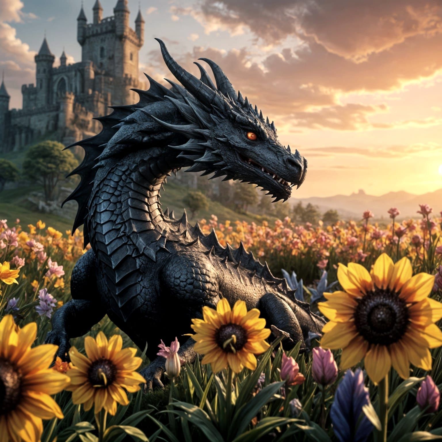 Ethereal Dragon Amidst Blooming Iris, Sunset Castle in the B...