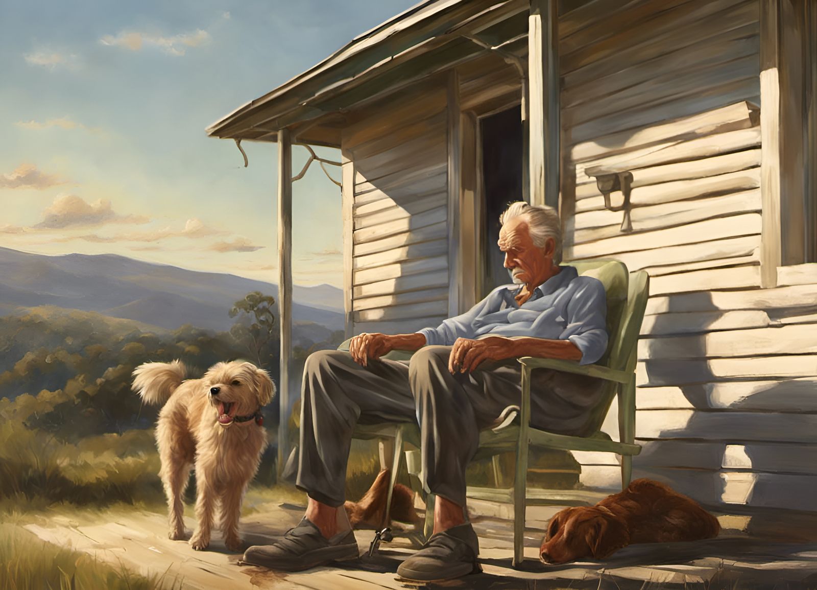 Restful Verandah Scene with Old Man and Dog