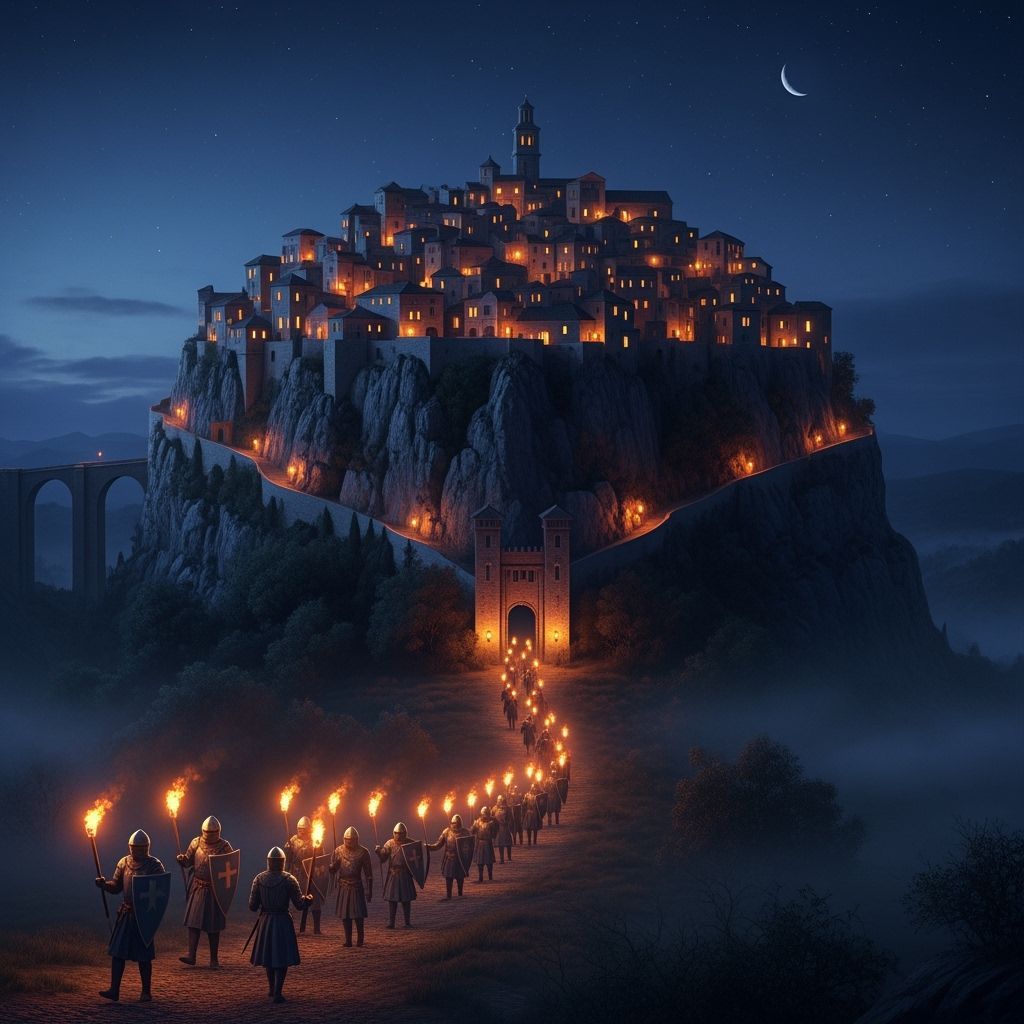 Medieval City on Jagged Rock Formation at Night