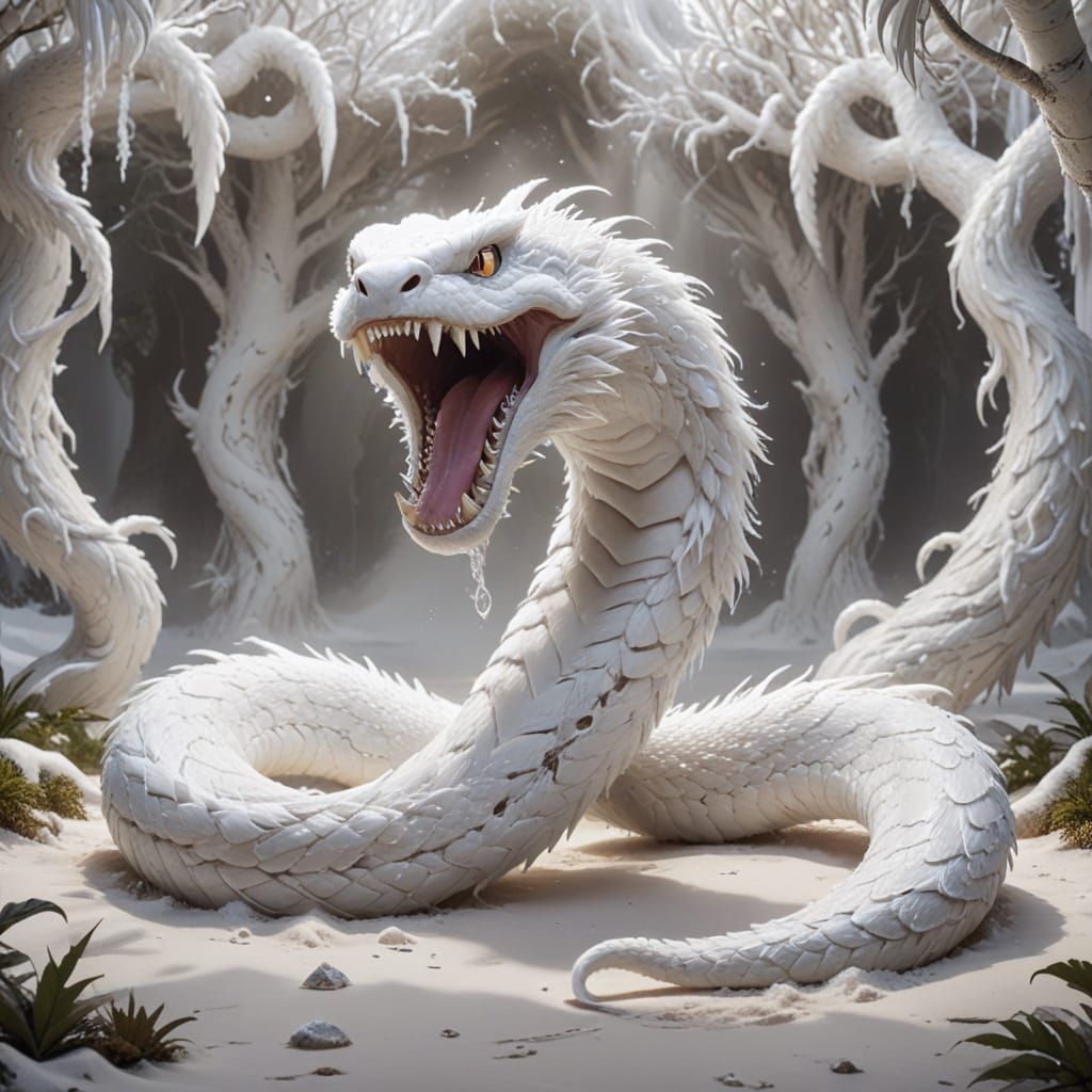 Fuzzy White Snake Monster in Magic the Gathering Style