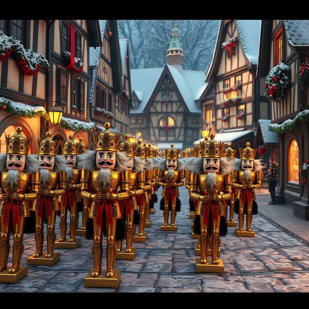 Golden Nutcracker Soldiers March Through Snowy German Town