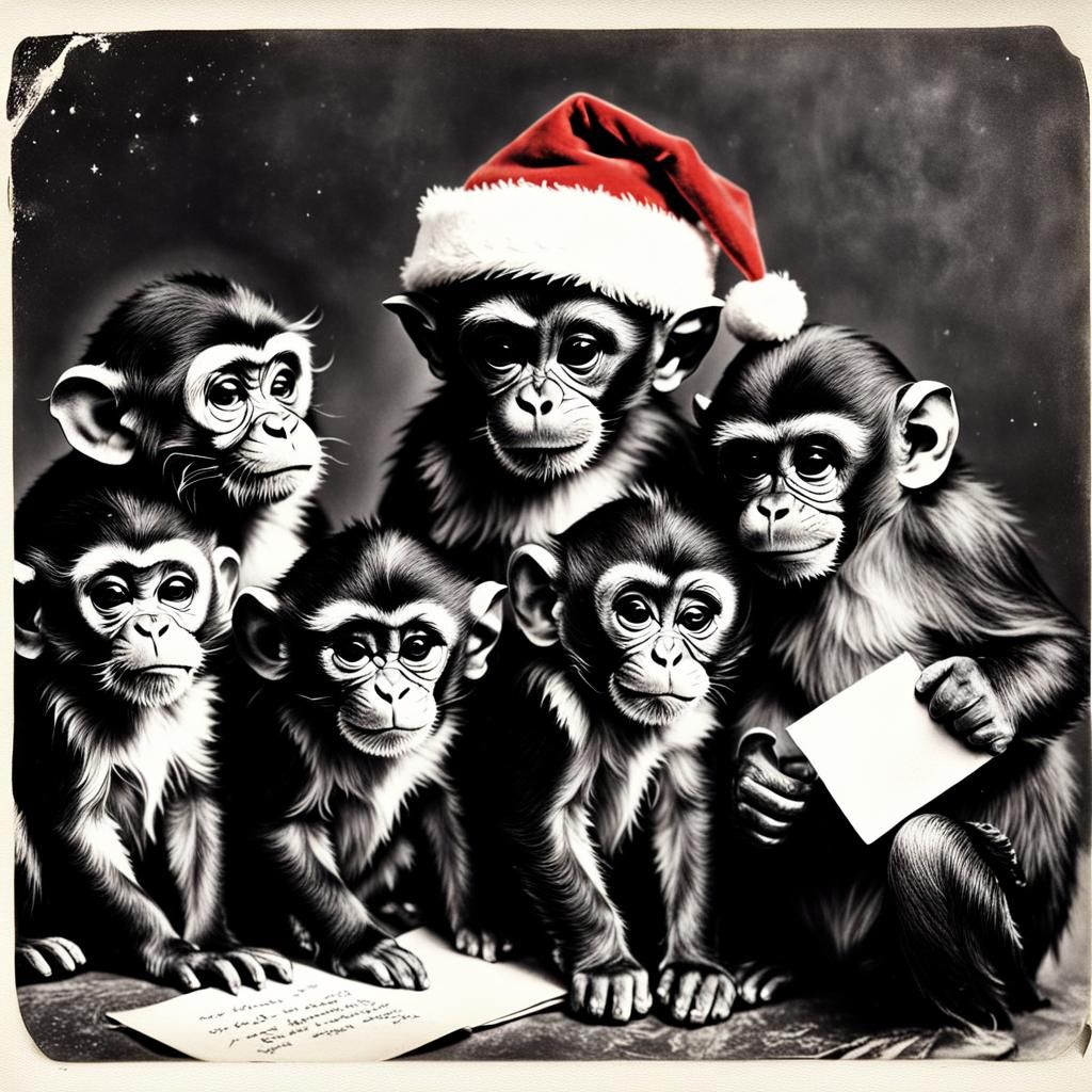 Chibi Monkeys Meet Santa in Vintage Polaroid