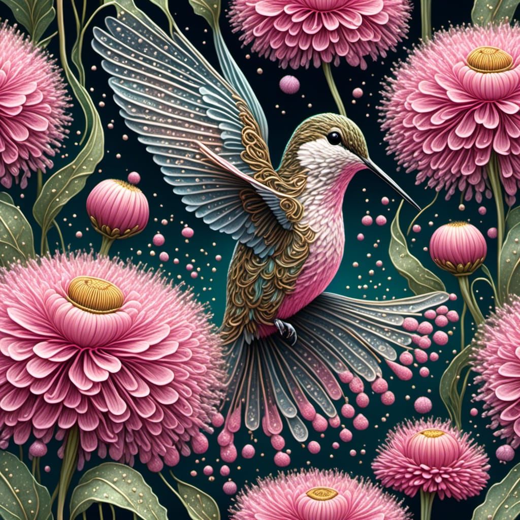 Hummingbird Gathering Dandelion Seeds Among Pink Flowers