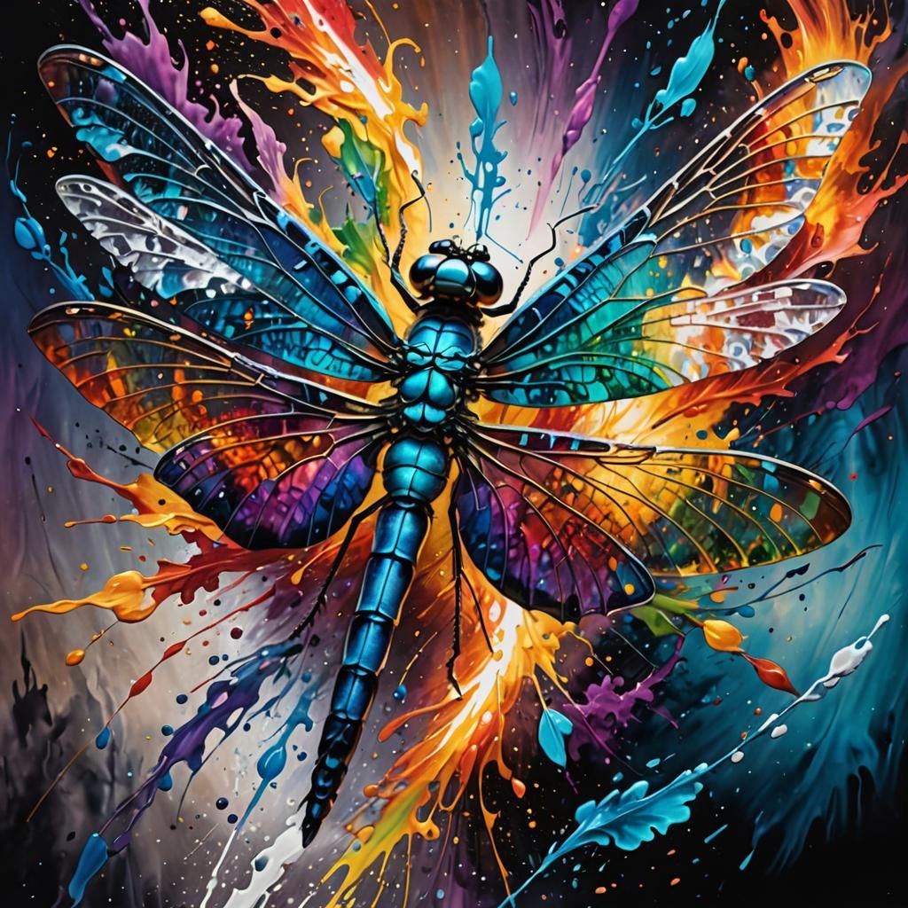 Fiery Dragonfly with Iridescent Wings in Ink Splatter Art