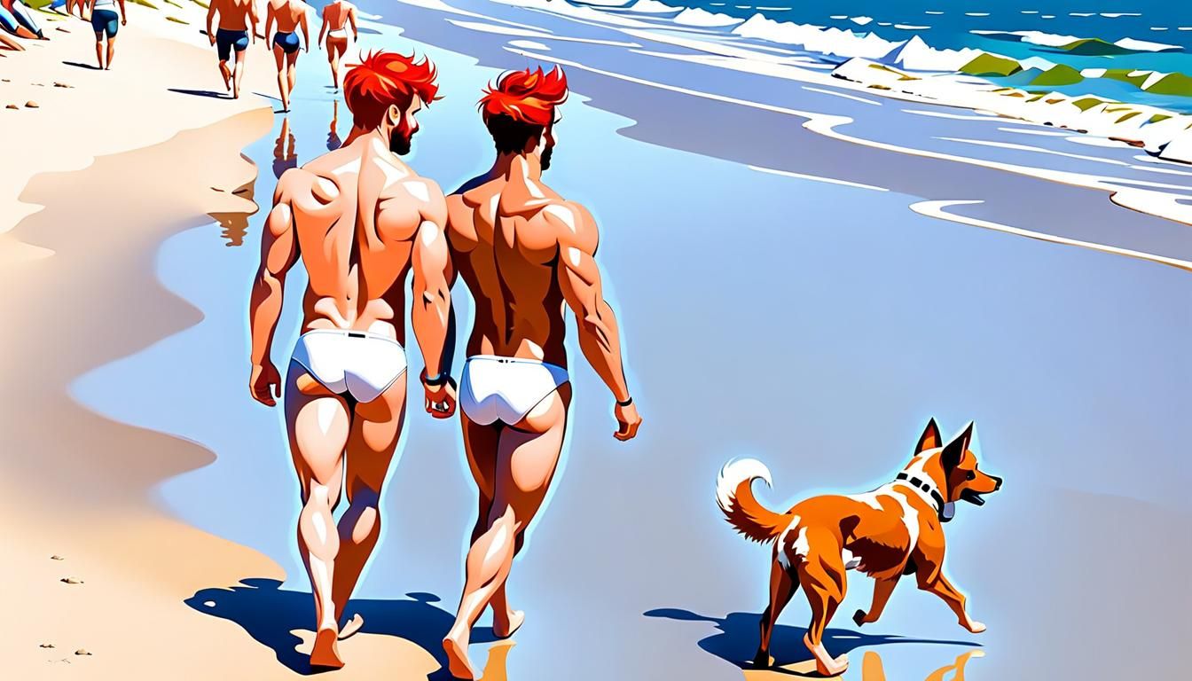 Men Walking on Beach in Abstract Art Style
