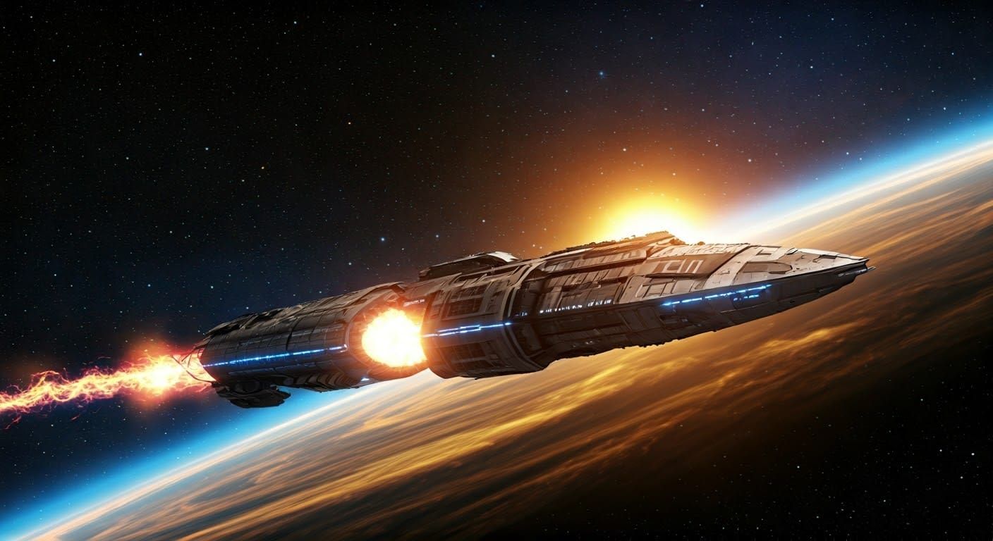 Glowing Metallic Spaceship Blazes Through Vibrant Nebula