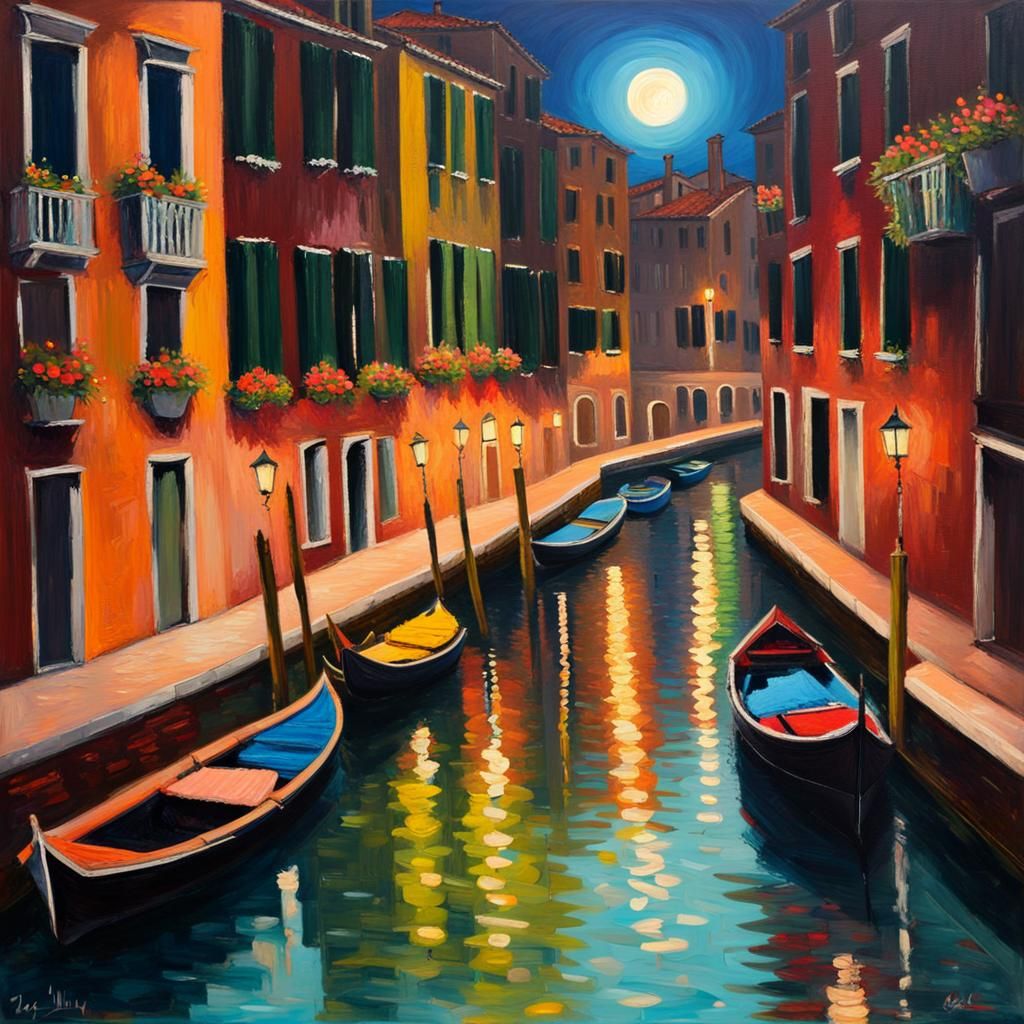 Venice at Night: Neo-Impressionist Canal Grande Oil Painting