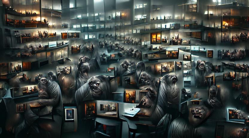Hyperrealistic Liminal Office Space with Apes