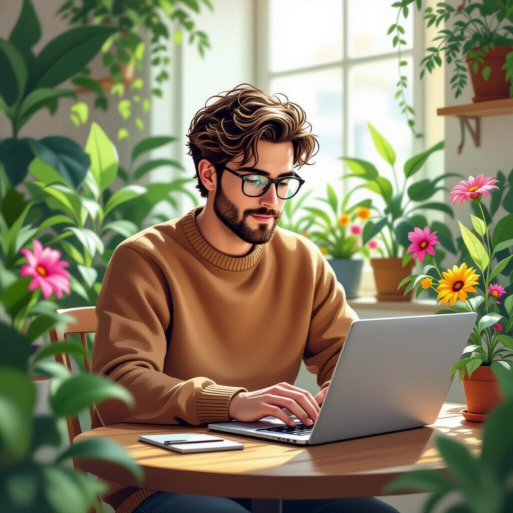 Man Working on Laptop Amidst Lush Greenery in Whimsical Styl...
