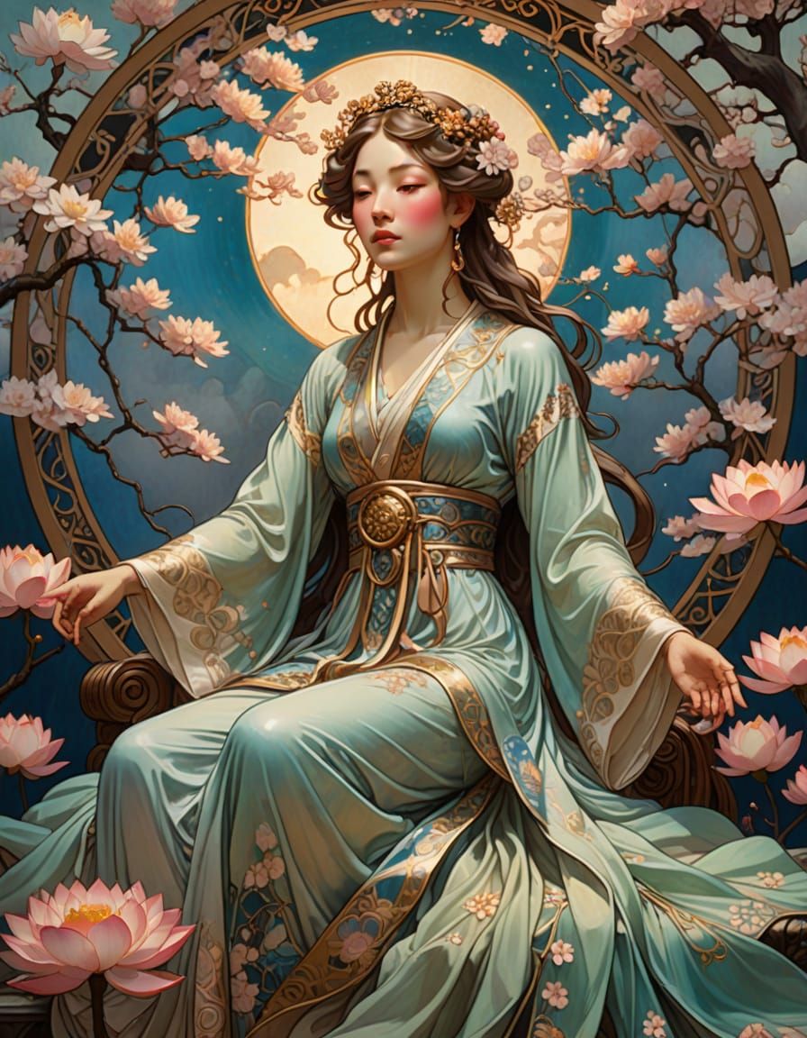Serene Goddess on Lotus in Art Nouveau Style