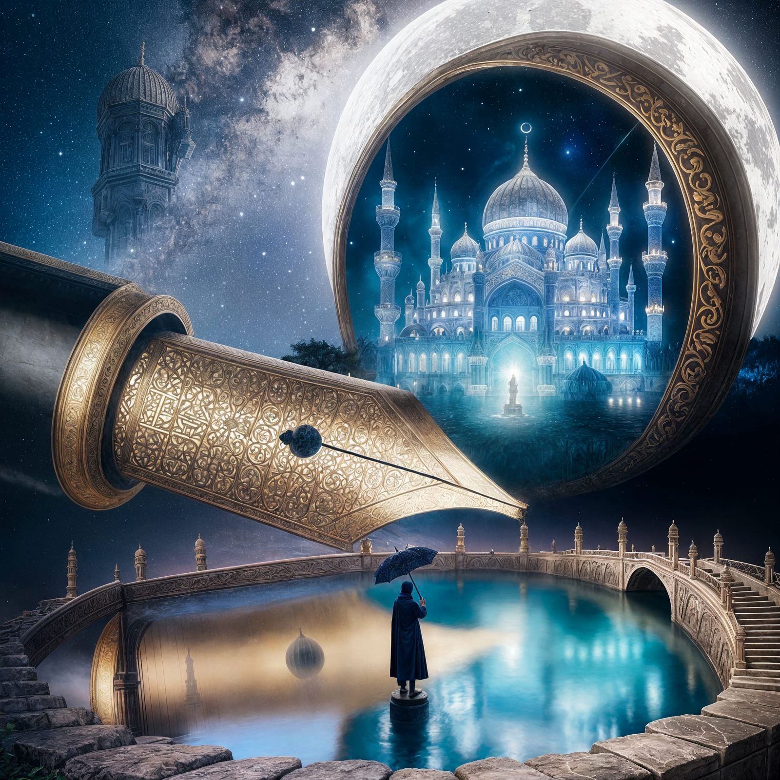 Surreal Pen Nib Palace in Cosmic Moonlit Sky