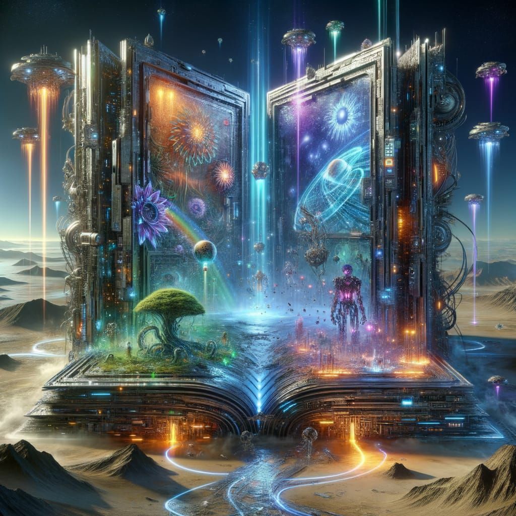 Futuristic Book in Alien Desert with Sci-Fi Realms