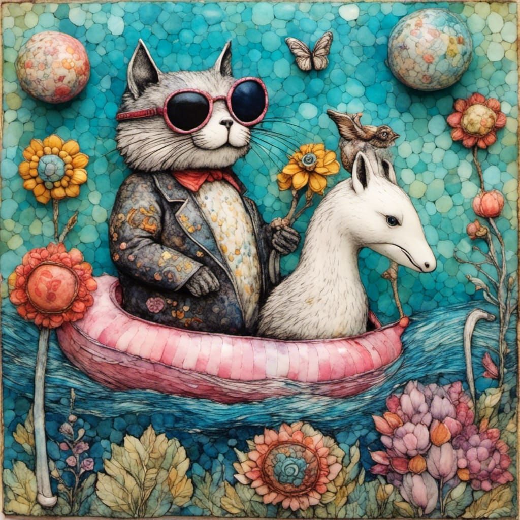 Whimsical Encaustic Collage: Cat and Squirrel Adventure