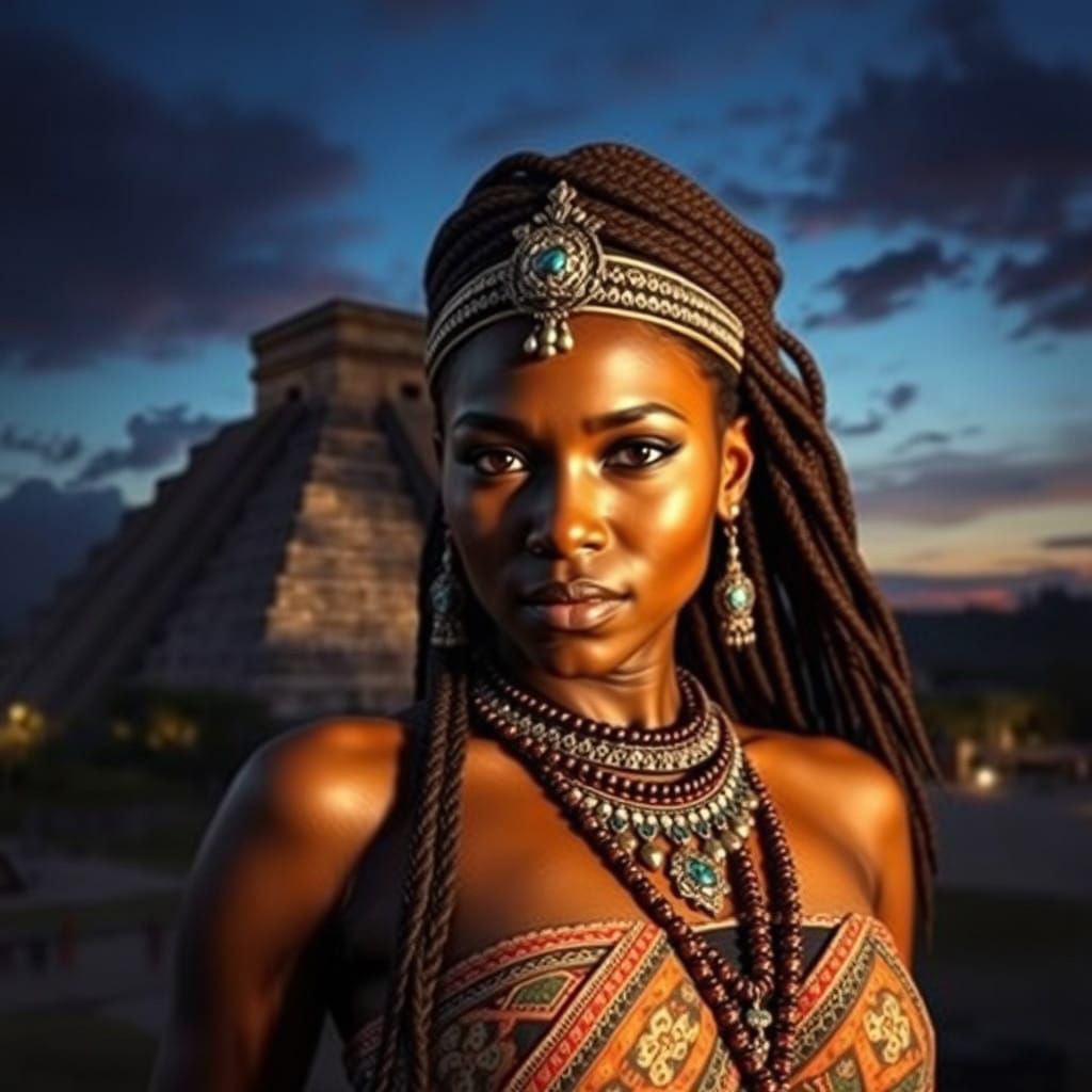 Heroic Nubian Woman Before Mayan Pyramids in Epic Digital Pa...