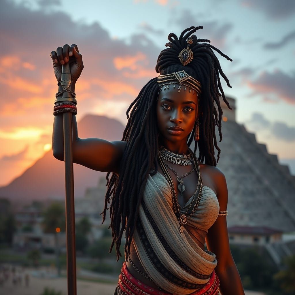 Heroic Nubian Woman in Front of Mayan Pyramids at Dusk in Ep...