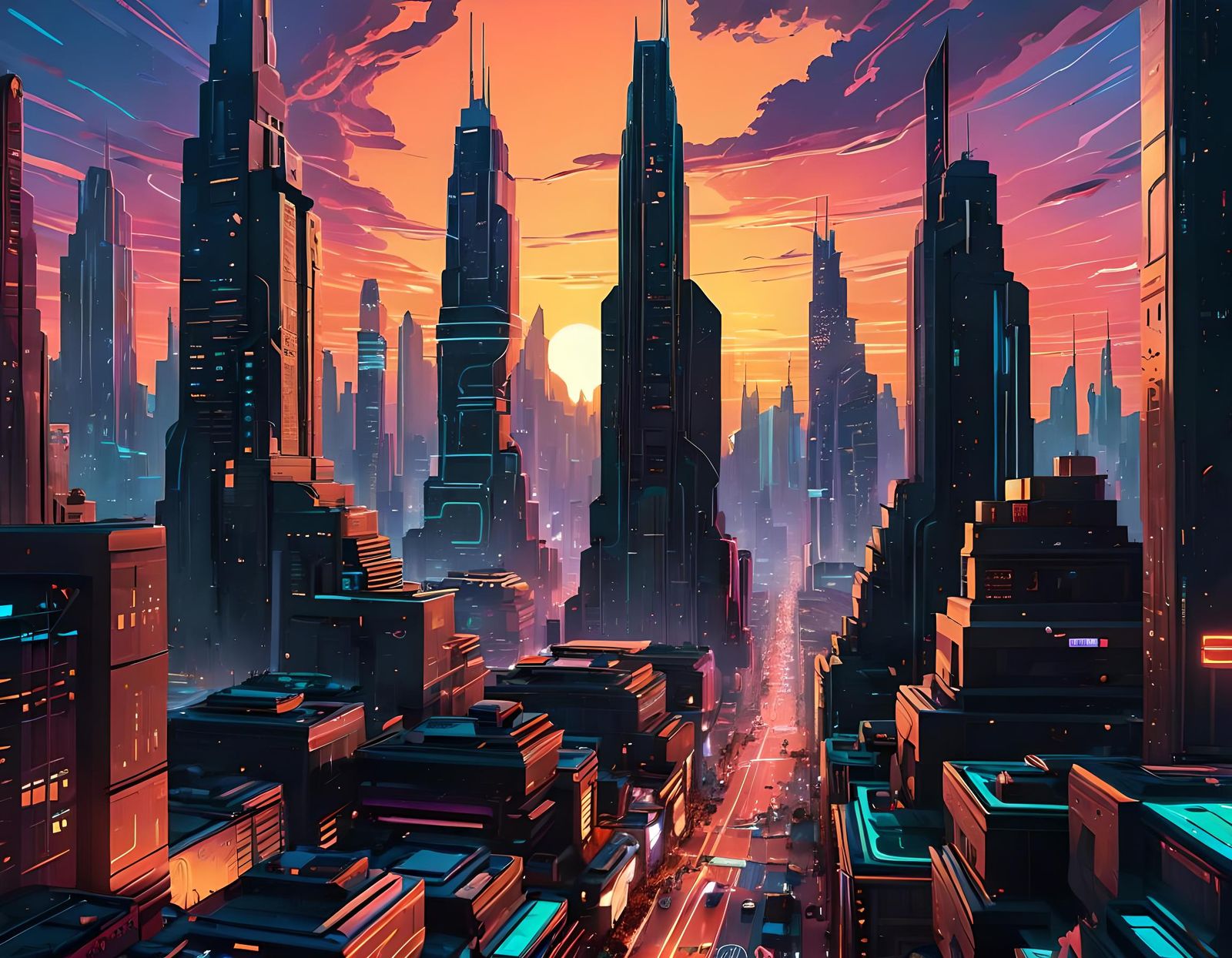 Futuristic Cityscape at Sunset Blending Art Styles