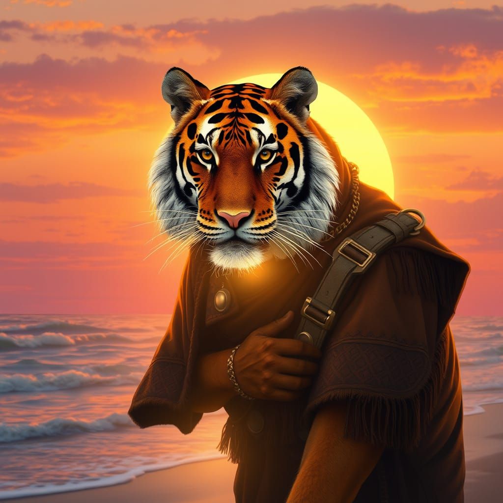 Majestic Tiger Sunset with Ocean View, Dreamy Art