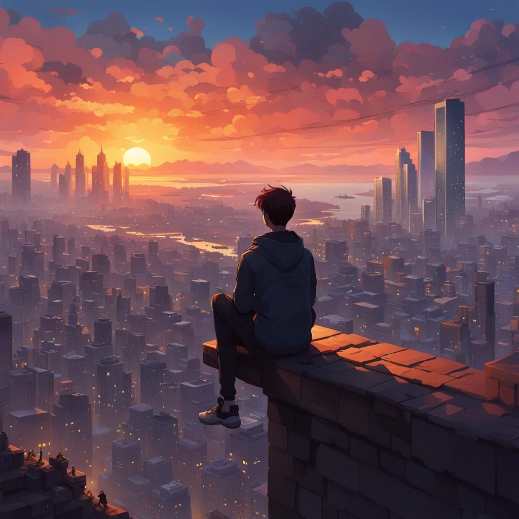 Contemplative Figure Gazing at Cityscape Sunset