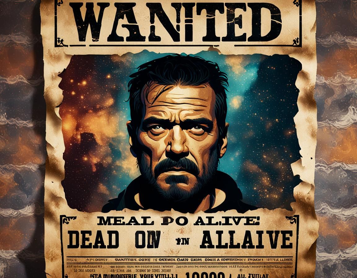 A POSTER on a wall with the words WANTED: DEAD OR ALIVE at the top and a picture of a cosmic outlaw and the words REWARD...