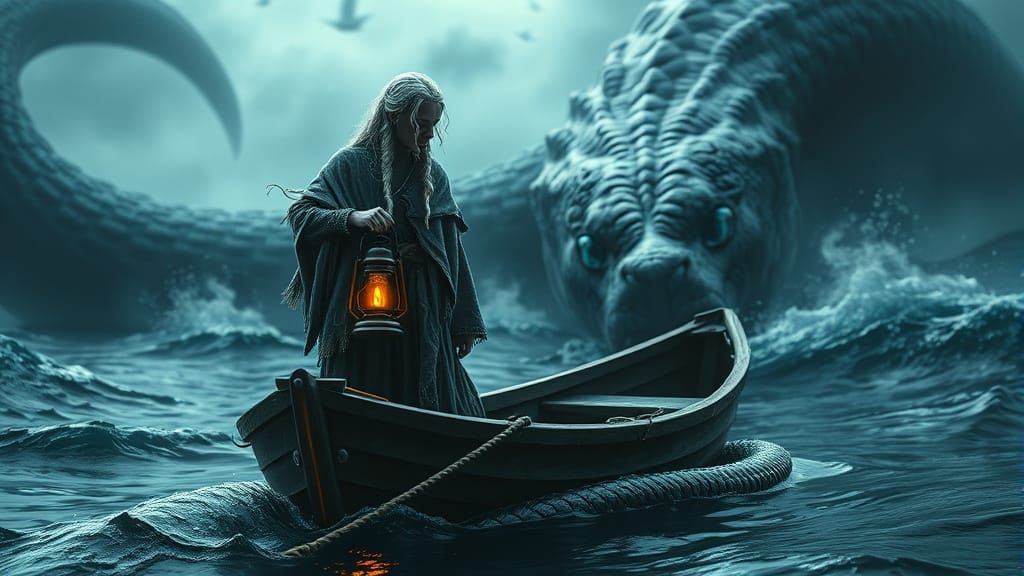 Lantern Witch Calming Sea Serpent in Stormy Waters