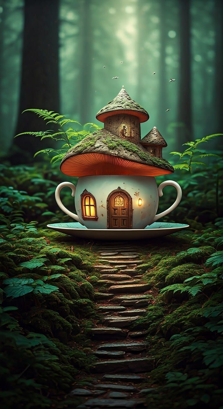 Double Teacup Mushroom House in Lush Forest