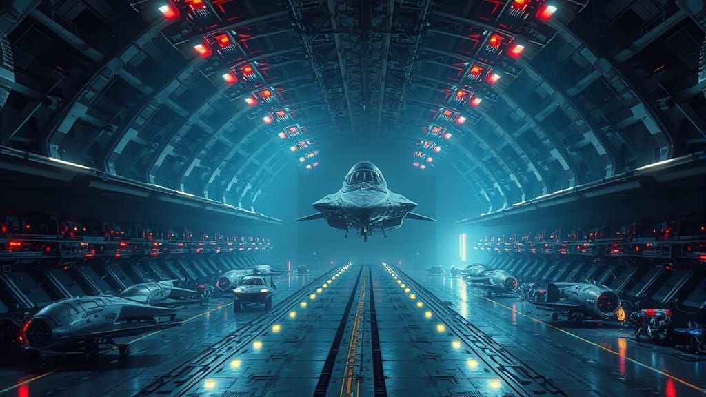 Sleek Starships in Retro-Futuristic Hangar Bay