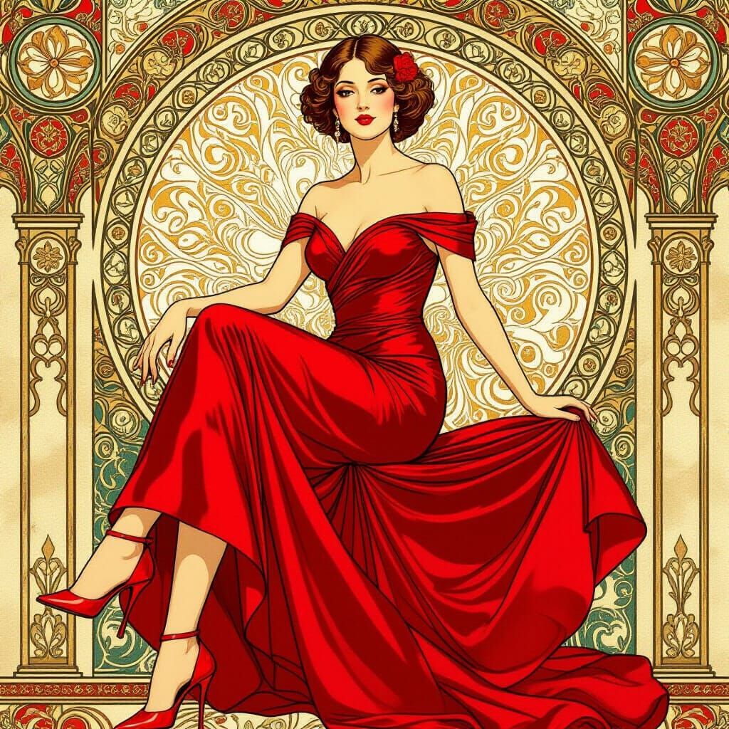 Elegant Woman in Red Dress, Art Nouveau Style