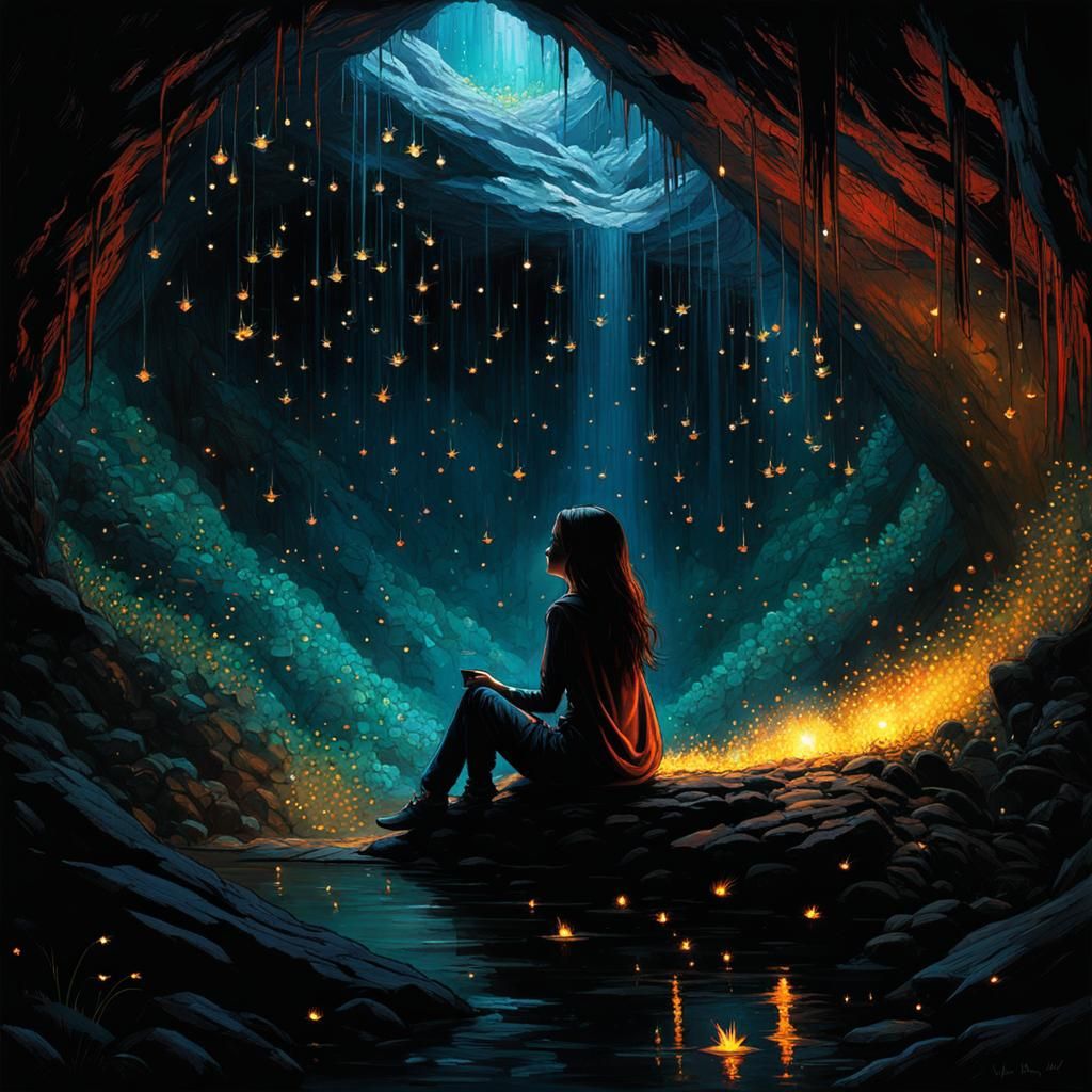 Girl in Firefly Cave: Epic Cinematic Art