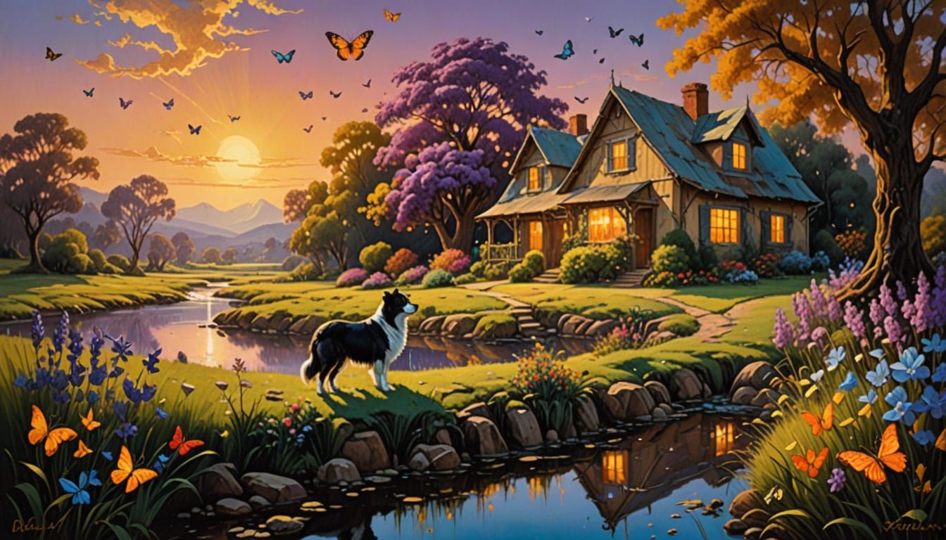 Surreal Oil Painting of a Border Collie in a Vibrant Landsca...