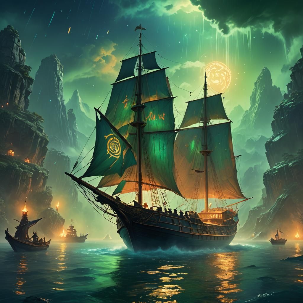 Mystical Boat Sails Through Iridescent Mist