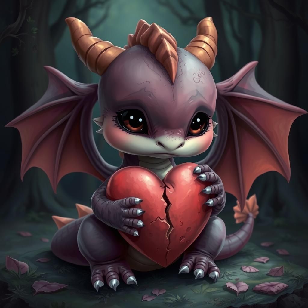 Crying Dragon with Broken Heart in Dark Forest