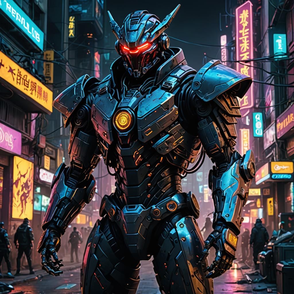 Cyberpunk Battlelord Cerbius in Neon City
