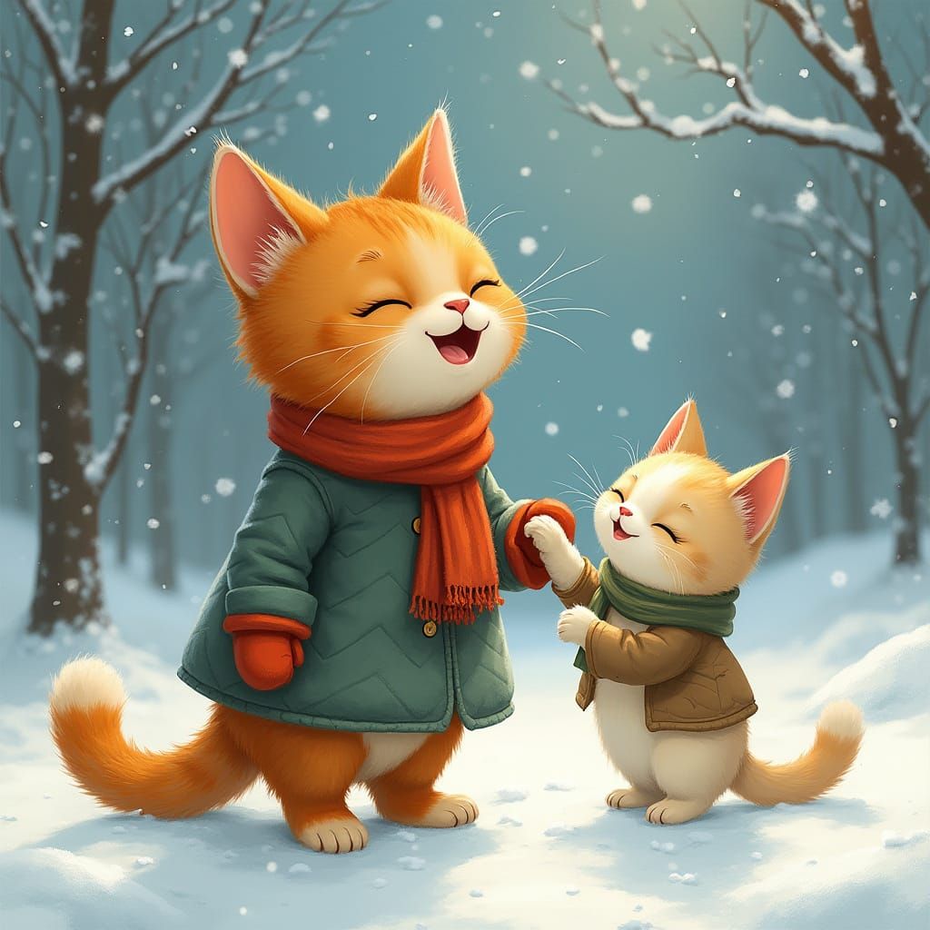 Orange Tabby Cat and White Cat Singing in Snow
