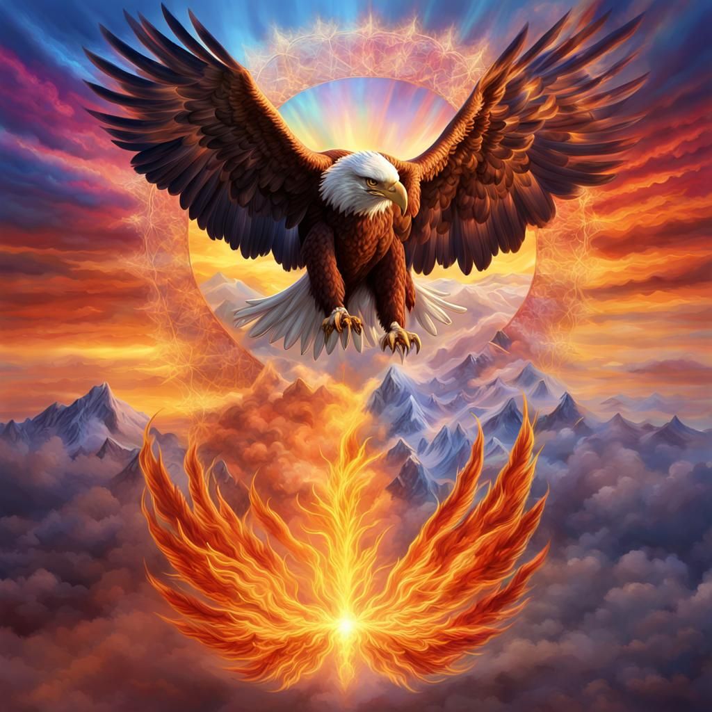 Fiery Rainbow Eagle with Sapphire Wheel, Fantasy Art