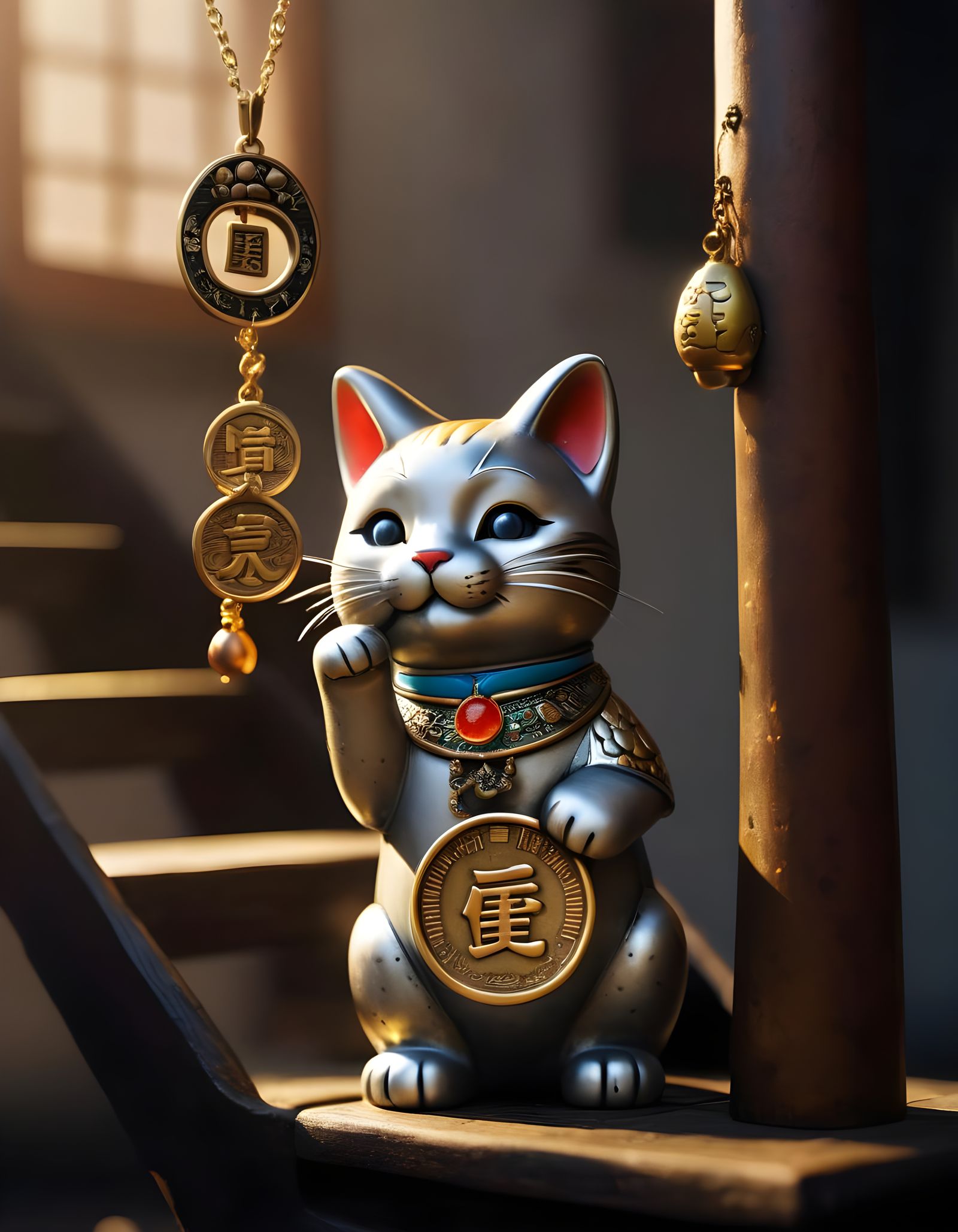 Lucky Maneki-neko Cat with Horseshoe and Ladder