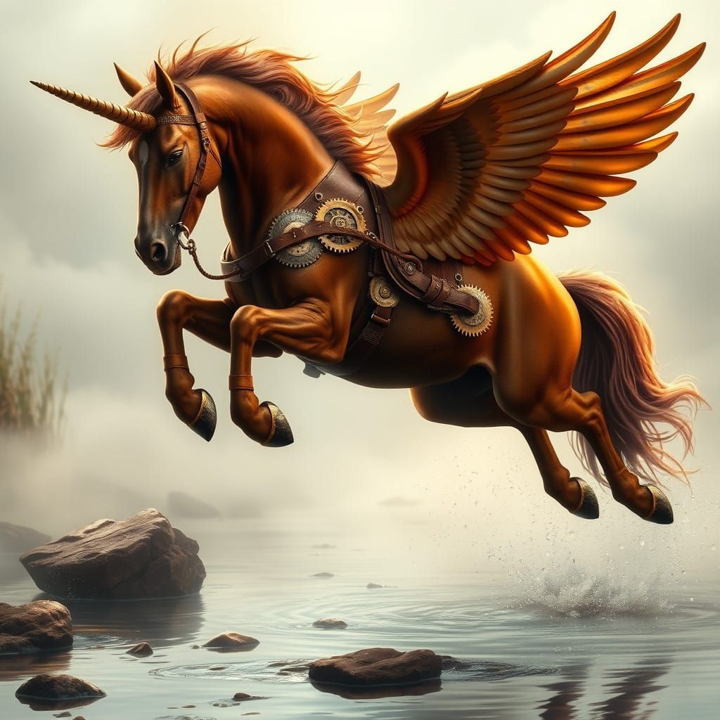 Majestic Steampunk Unicorn Leaping Over a Misty Brook
