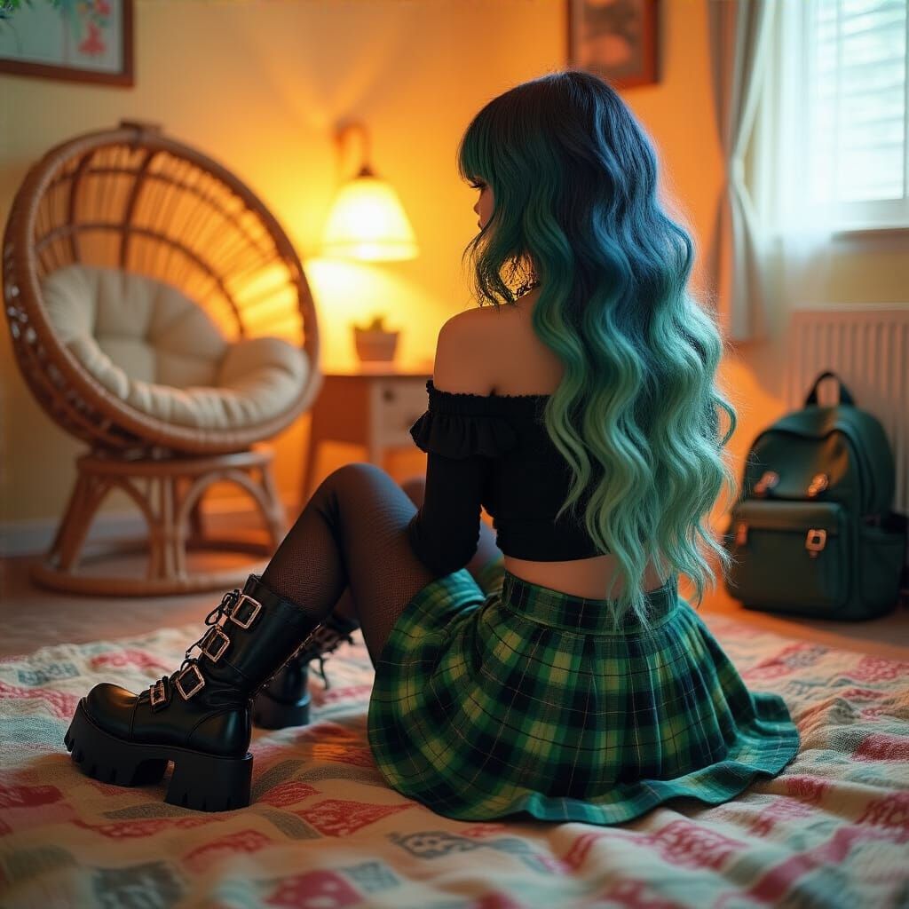 Cozy Bedroom Scene with Figure in Platform Boots