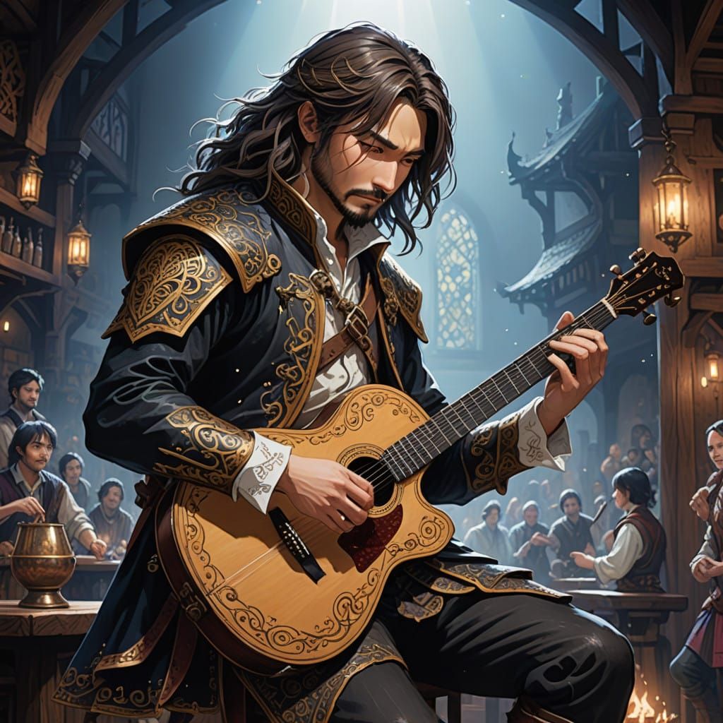 Anime Fantasy Bard Enchants Tavern Crowd