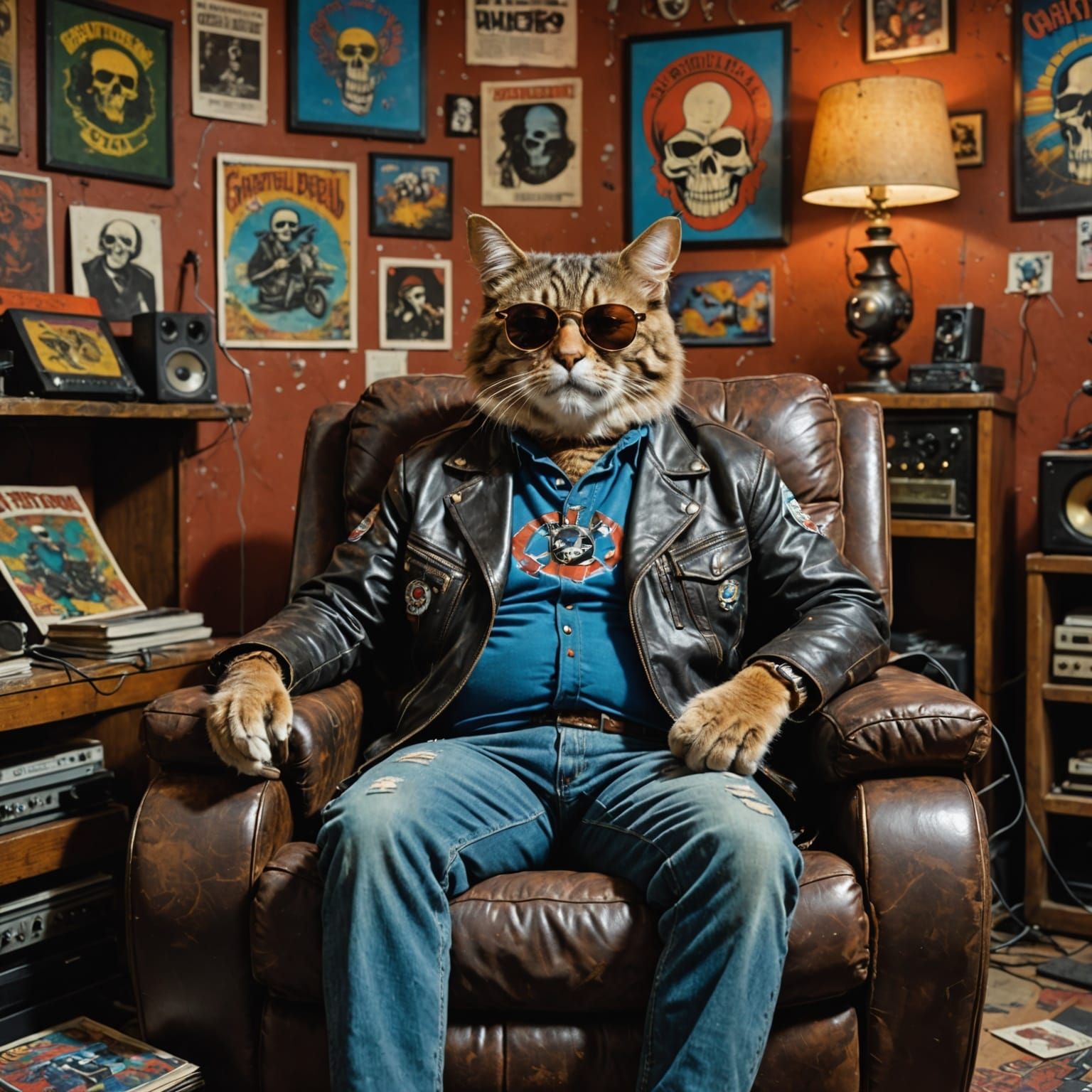 Boomer Cat in Mancave with Grateful Dead Decor
