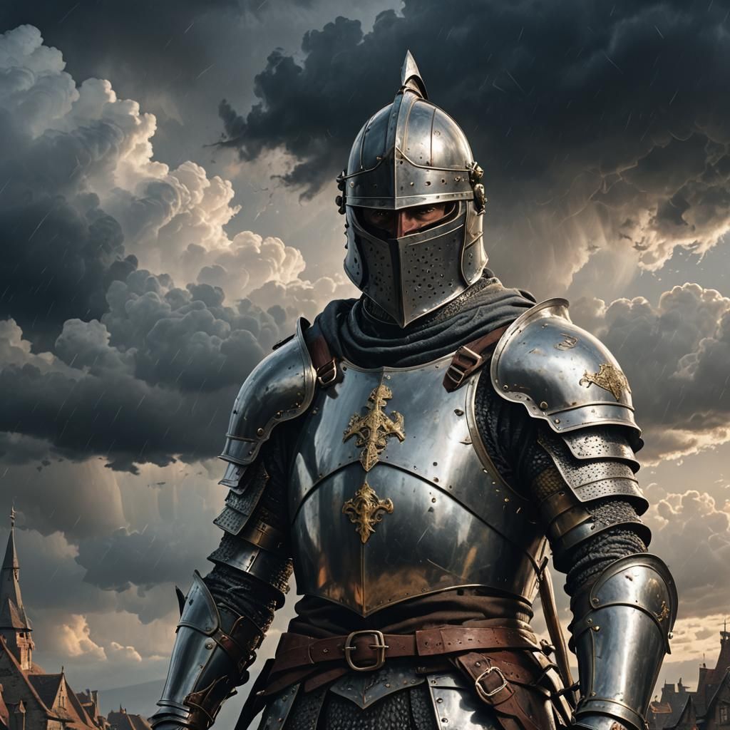 Monochrome Knight in Stormy Sky, Visceral Oil Painting