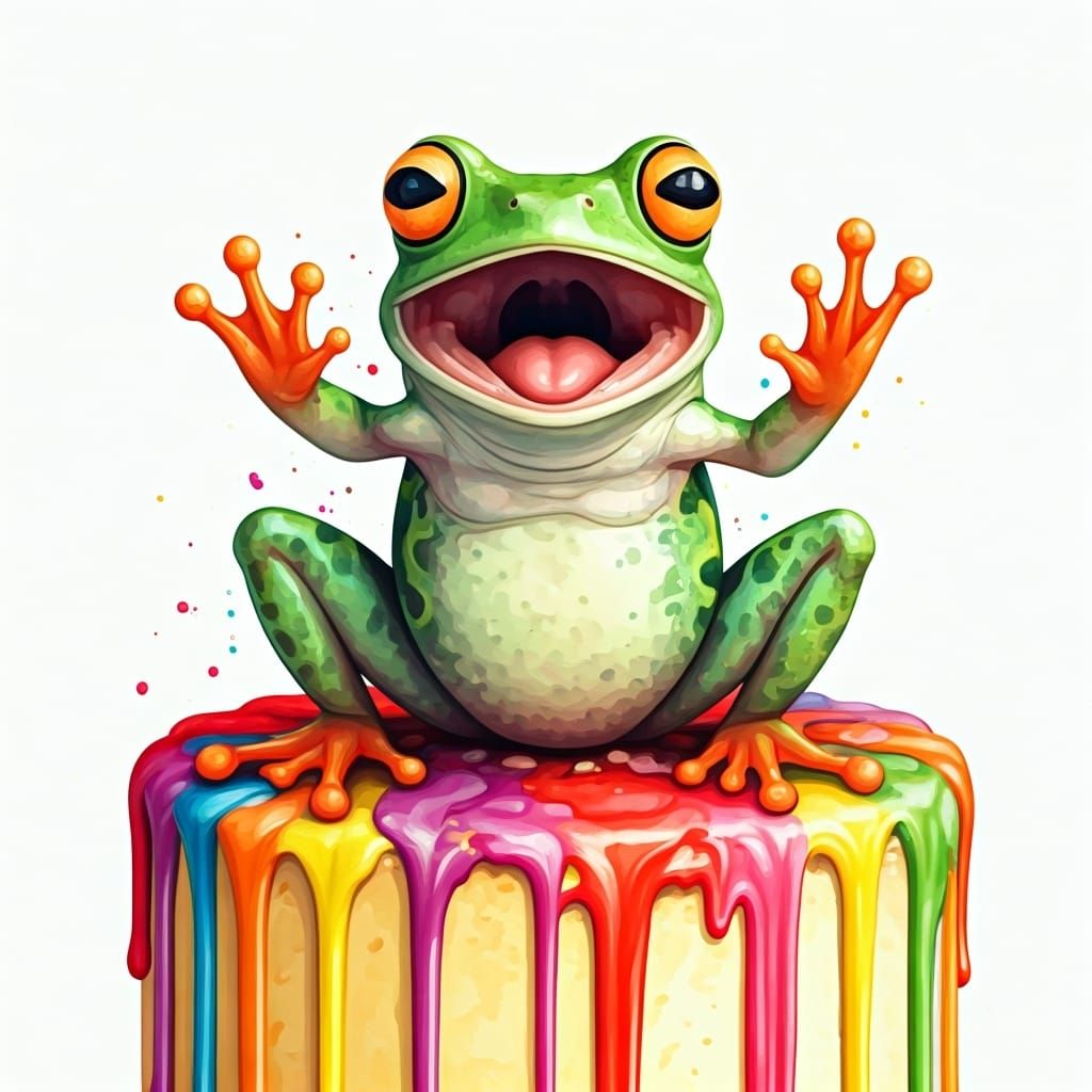 Surprised Frog Leaping from Cake in Watercolor Style