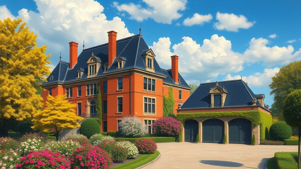 Grand Chateau Surrounded by Vibrant Trees and Flowers