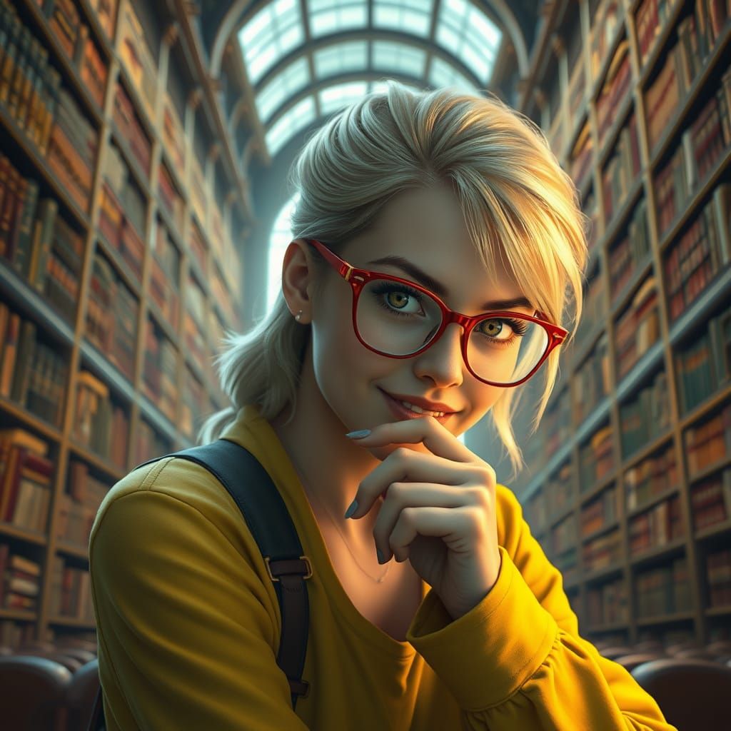 Blonde Student in Grand Library: Matte Painting Style