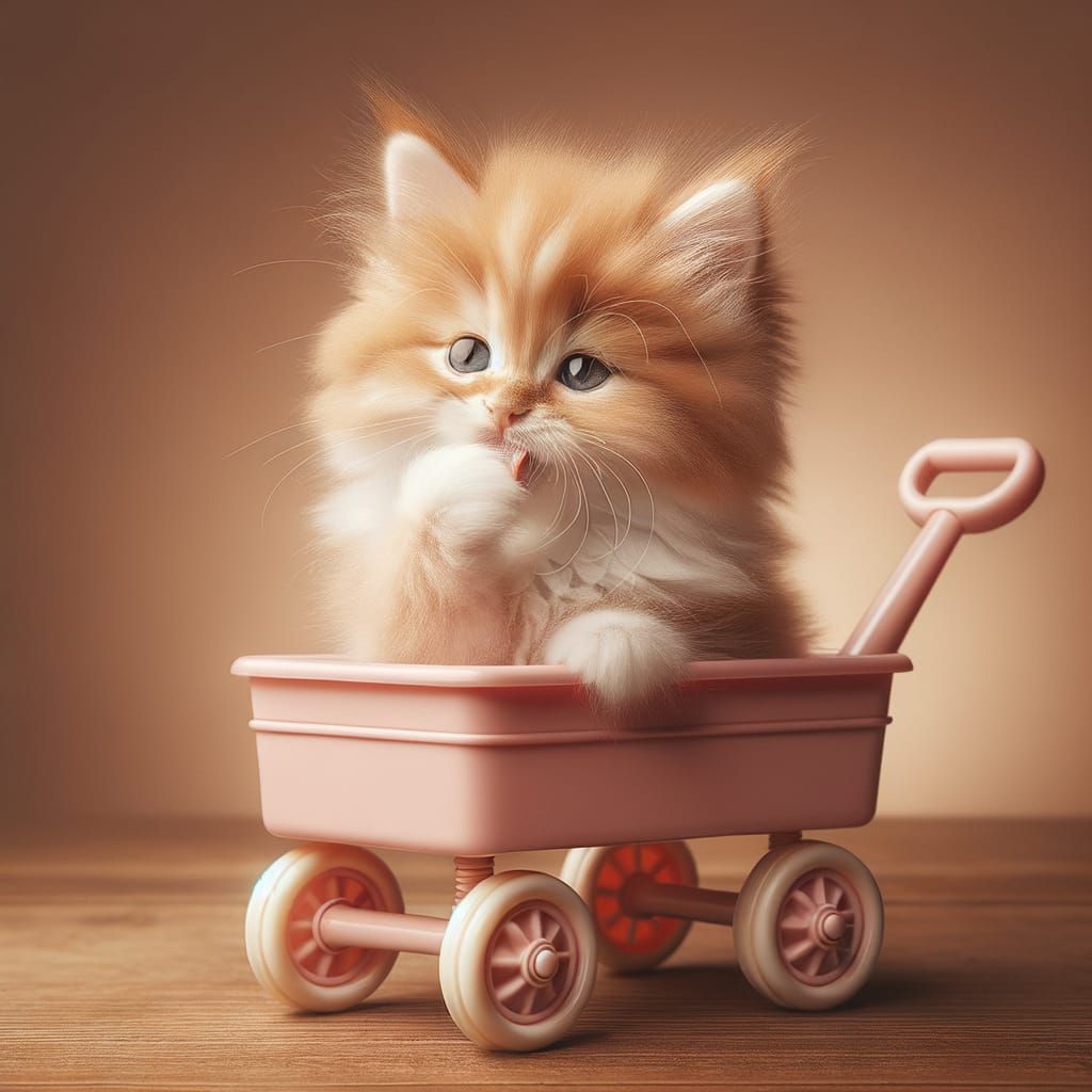 Adorable Kitten in Pastel Pink Toy Wagon