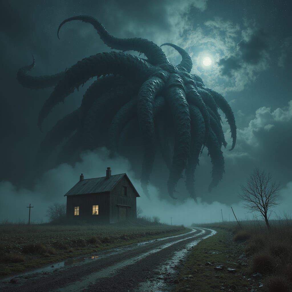 Cosmic Horror Over Abandoned Farmland in Dark Fantasy Style
